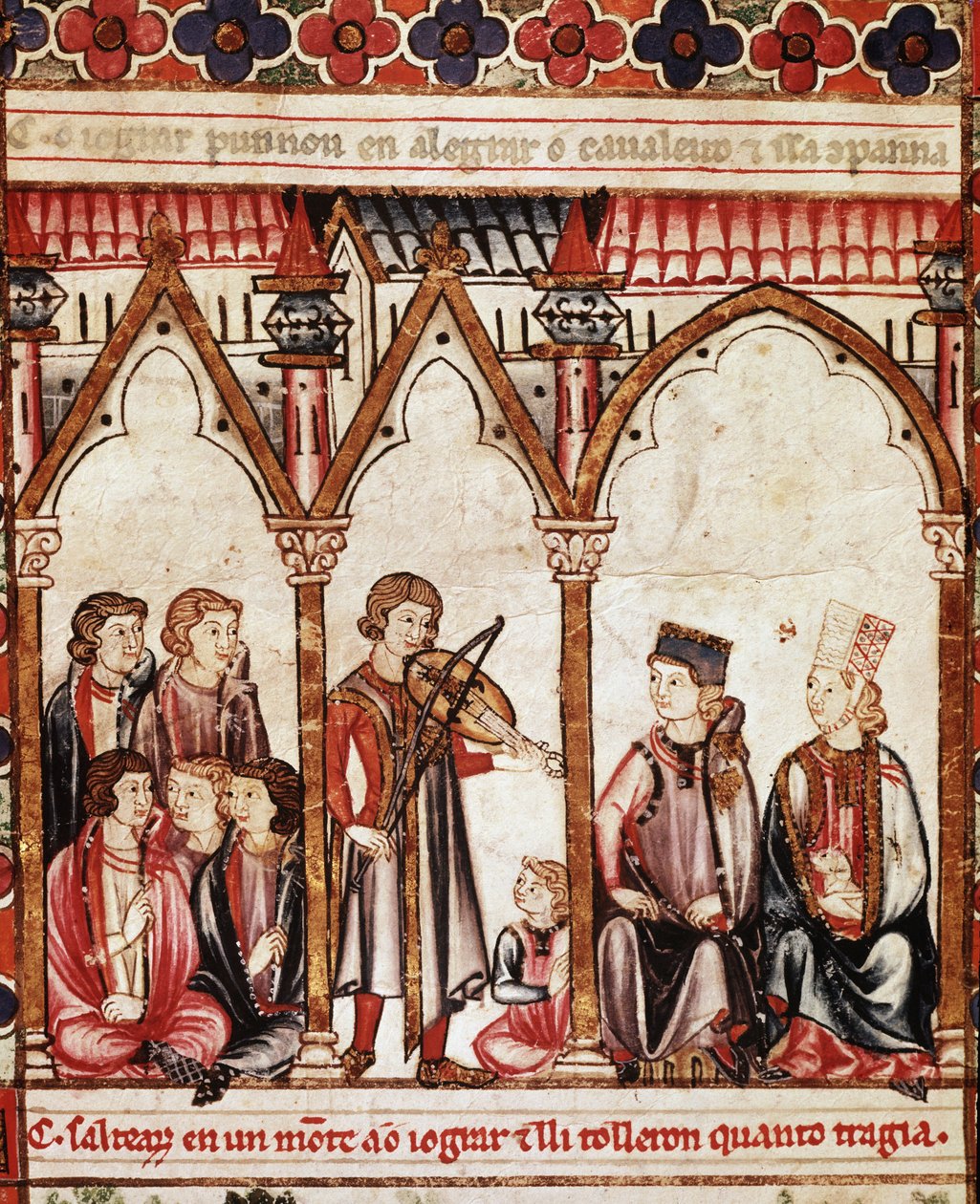 Troubadour Grubu, “” Cantigas de Santa Maria”””dan resim, Alfonso X (“Bilge”) Kastilya ve Leon Kralı (1221-84) - Kral