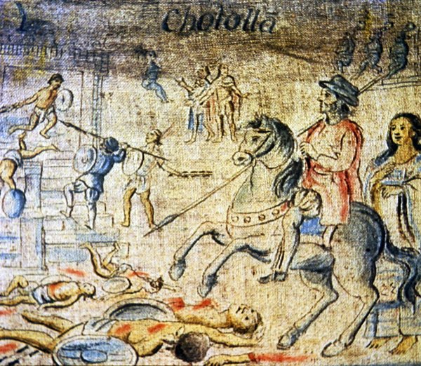 Hernan Cortes, metresi ve tercümanı Dona Marina ile Cholula savaşından sonra ölülerin üzerinden geçiyor (renkli taş) by Spanish School
