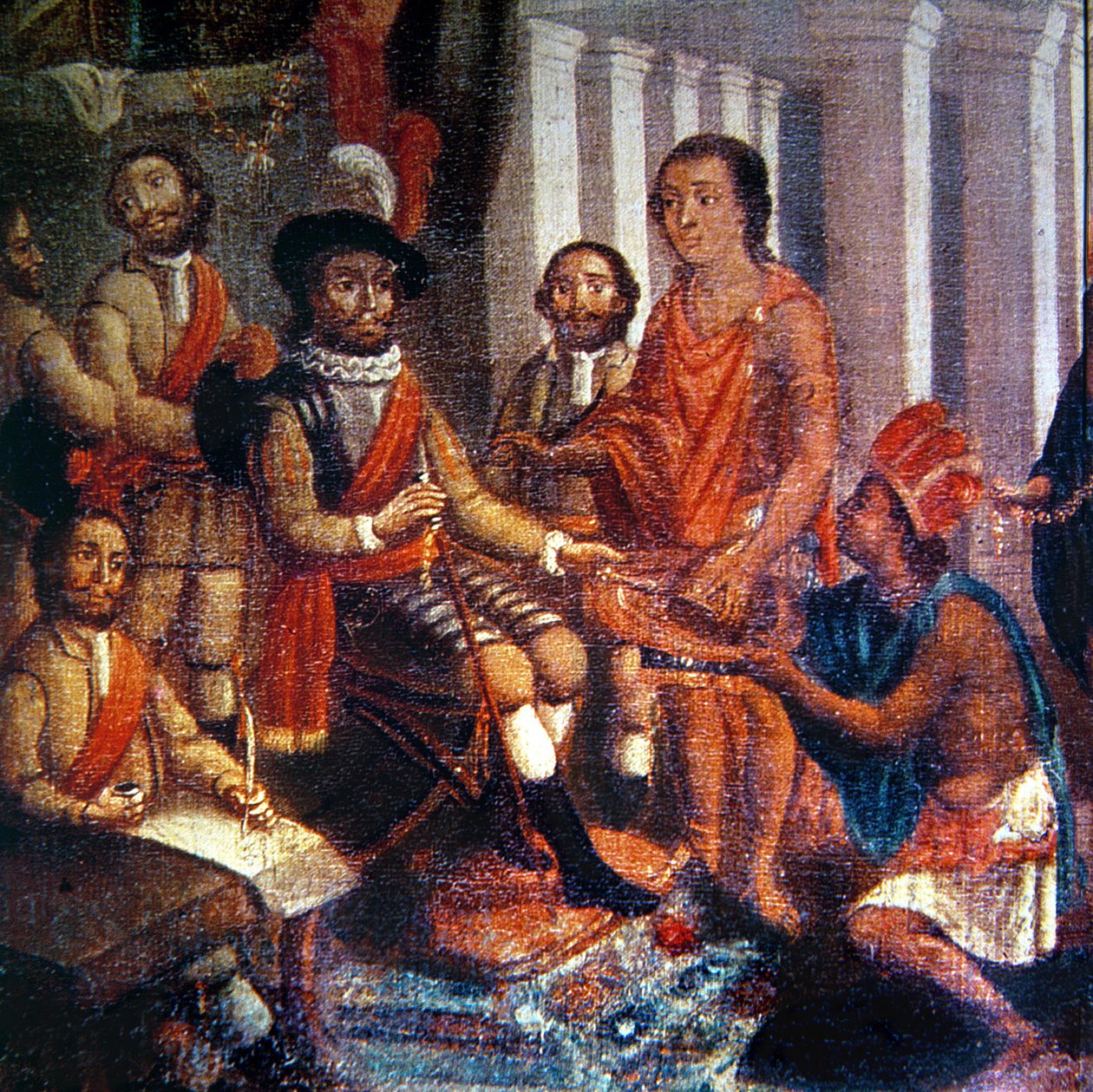 Hernando Cortes (1485-1547) Azteklerin saygısını alırken (tuval üzerine yağlı boya) by Spanish School