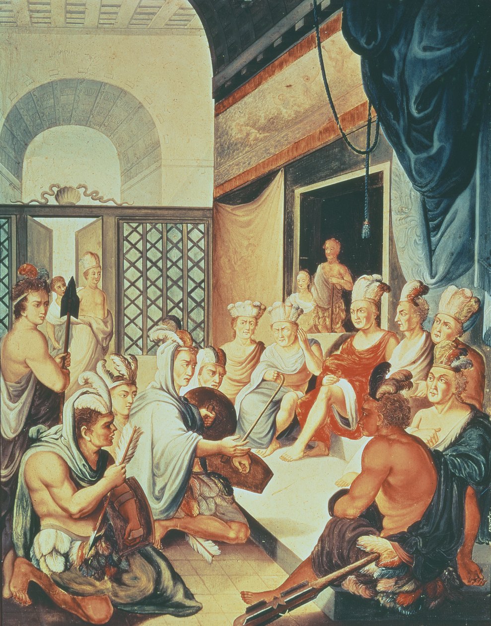 Hernando Cortes'in Büyükelçisi Meksika Kızılderililerini Tlaxcala'da Kabul Ediyor by Spanish School