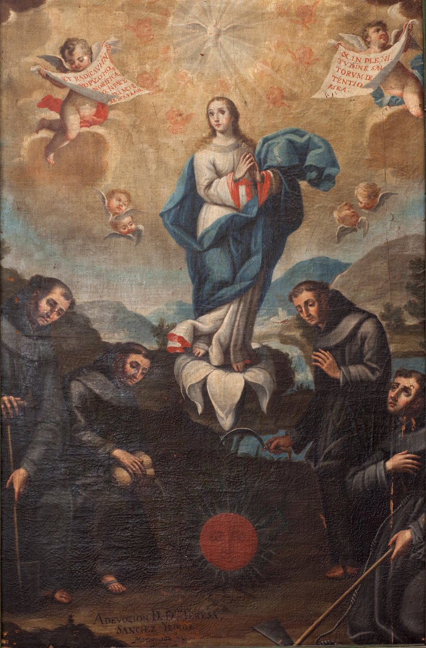 Bahçıvanlık yapan Fransiskanlarla Lekesiz Gebelik. Koronun kökeni. Sol altta imzalı “ADEVOZION DE DA TERESA, Sanchez Yepros?”. 18. yüzyıl. Juan Sánchez. by Spanish School