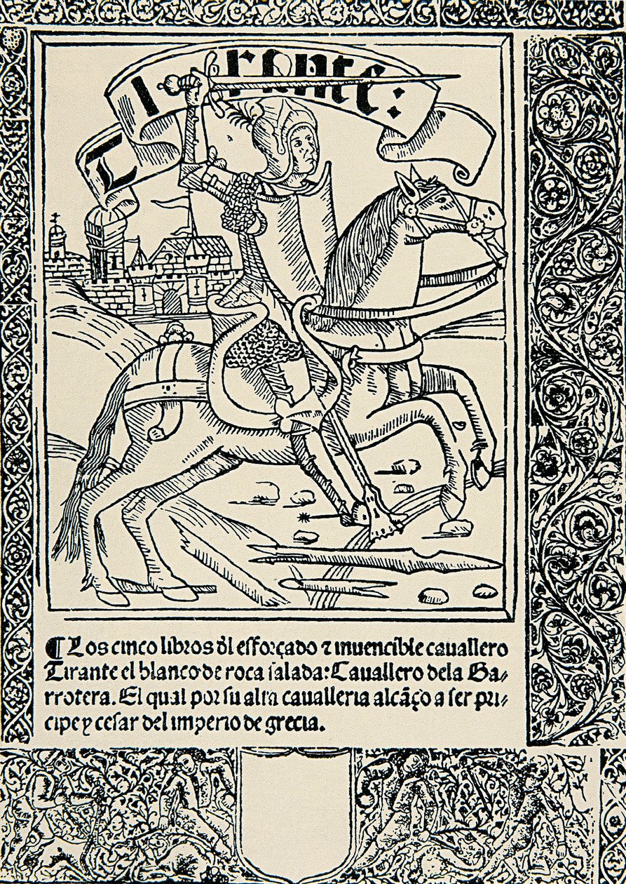 Bineğindeki şövalye, İspanyol eseri Tirant lo Blanc'ın cephe parçası, Joanot MARTORELL (1413-1468) by Spanish School
