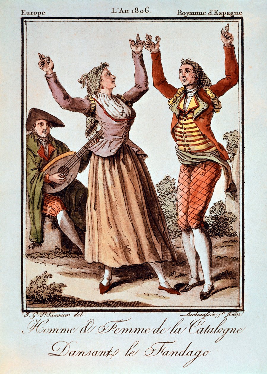 Katalonya'dan erkek ve kadın Fandango, Avrupa, İspanya Krallığı dansı yapıyor by Spanish School