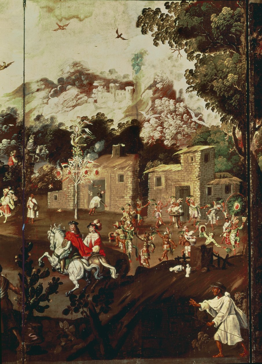 Kızılderililerin kutlamada dans ettiği bir dizi taş evi tasvir eden katlanır bir ekrandan panel (panelde yağlı boya) by Spanish School