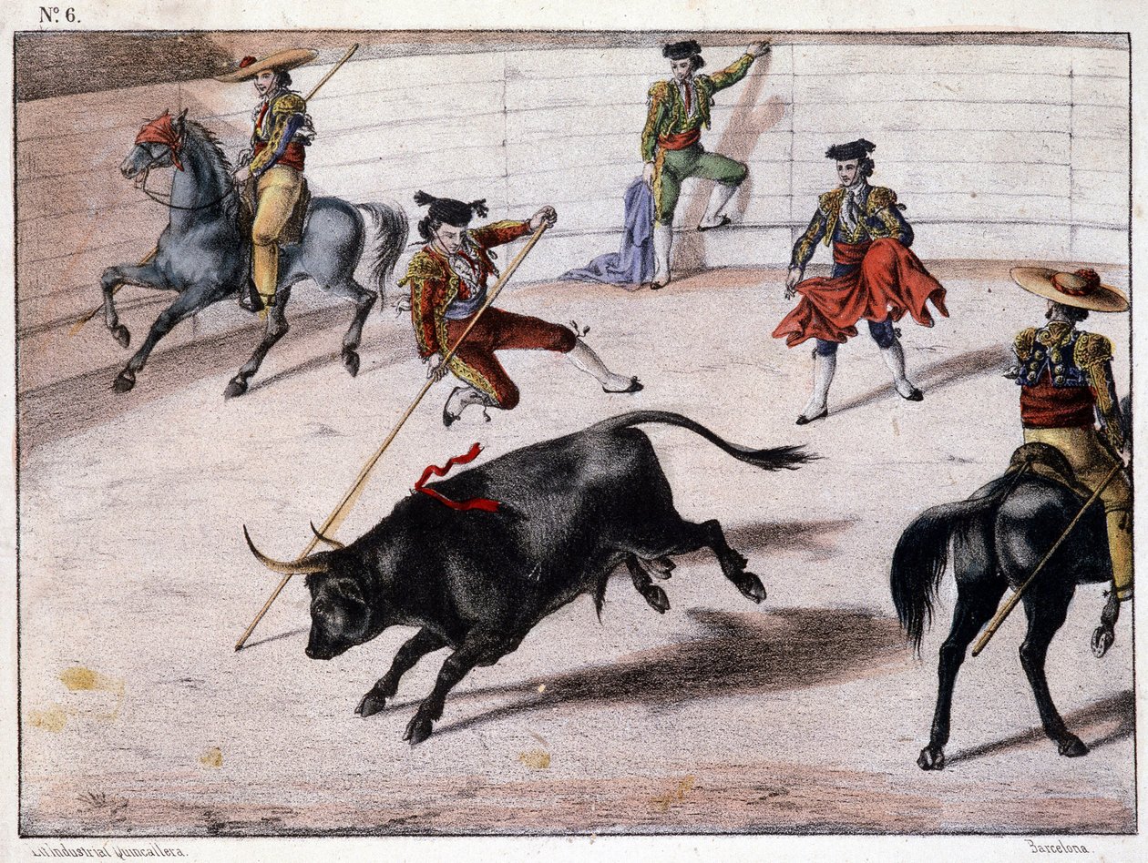 Levrek atlama, İspanya'da boğa güreşi, İspanyol litografisi, sd. 19. yüzyıl by Spanish School