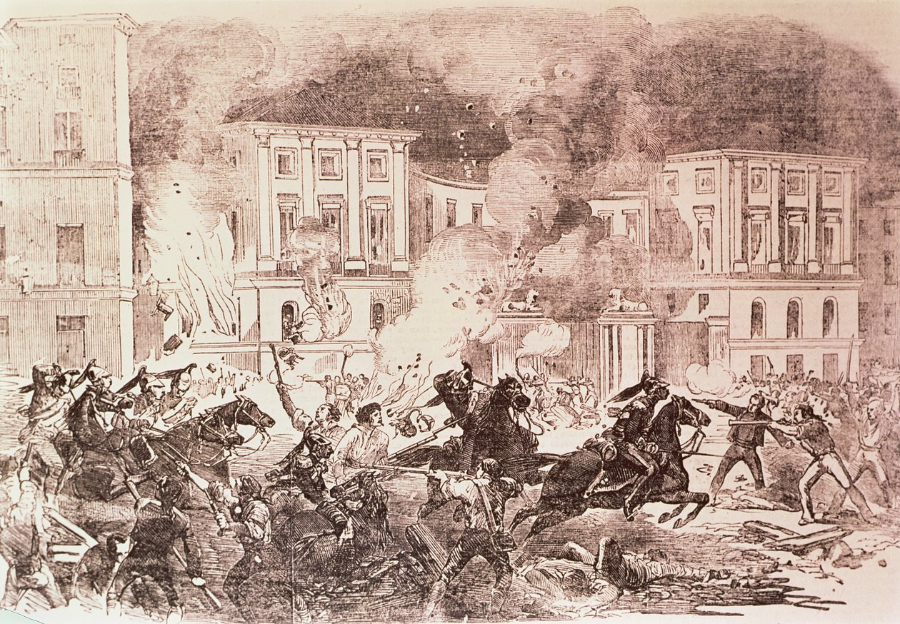 Madrid'de Popülist Ayaklanmalar, İsyancılar 1854'te Kraliçe Maria Christina'nın Sarayını Ateşe Vermeye Çalışıyor (lito) by Spanish School