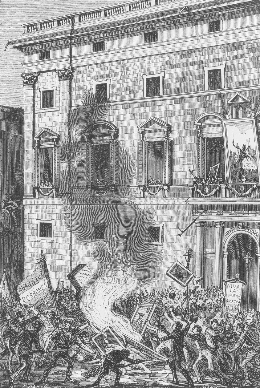 Barselona Halkı Bourbonların Yakılan Portreleri, 1868 (gravür) by Spanish School