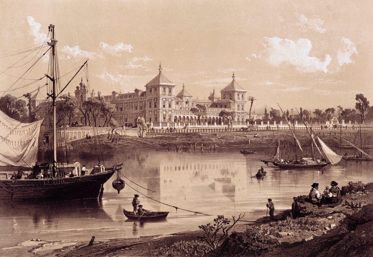 Sevilla, Guadalquivir Nehri kıyısında San Telmo Sarayı. Endülüs, İspanya (19. yüzyıl). Madrid, Ulusal Kütüphane. by Spanish School