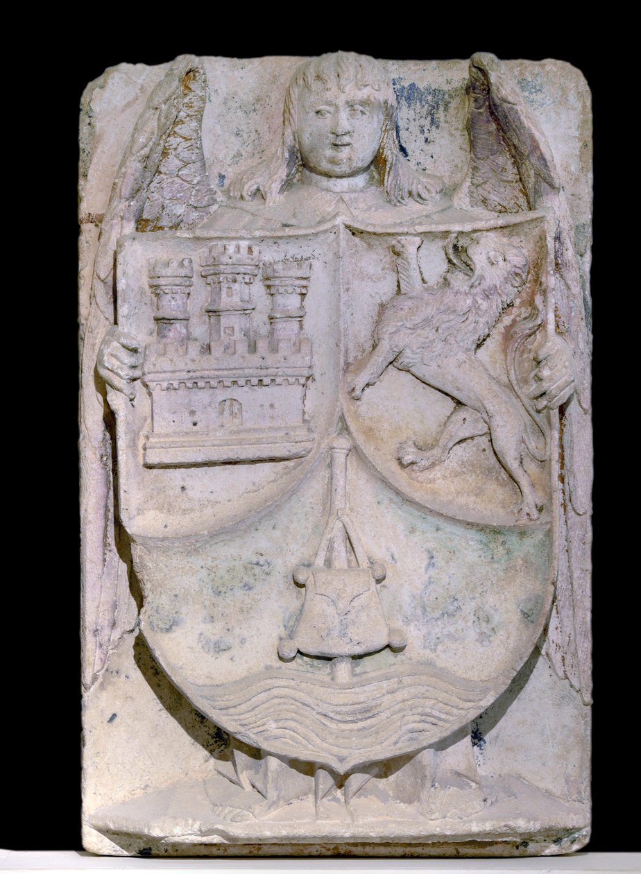 14. yüzyılın İspanyol yaması: Kastilya ve Leon arması, pelerin evoque Saint Jacques de Compostela