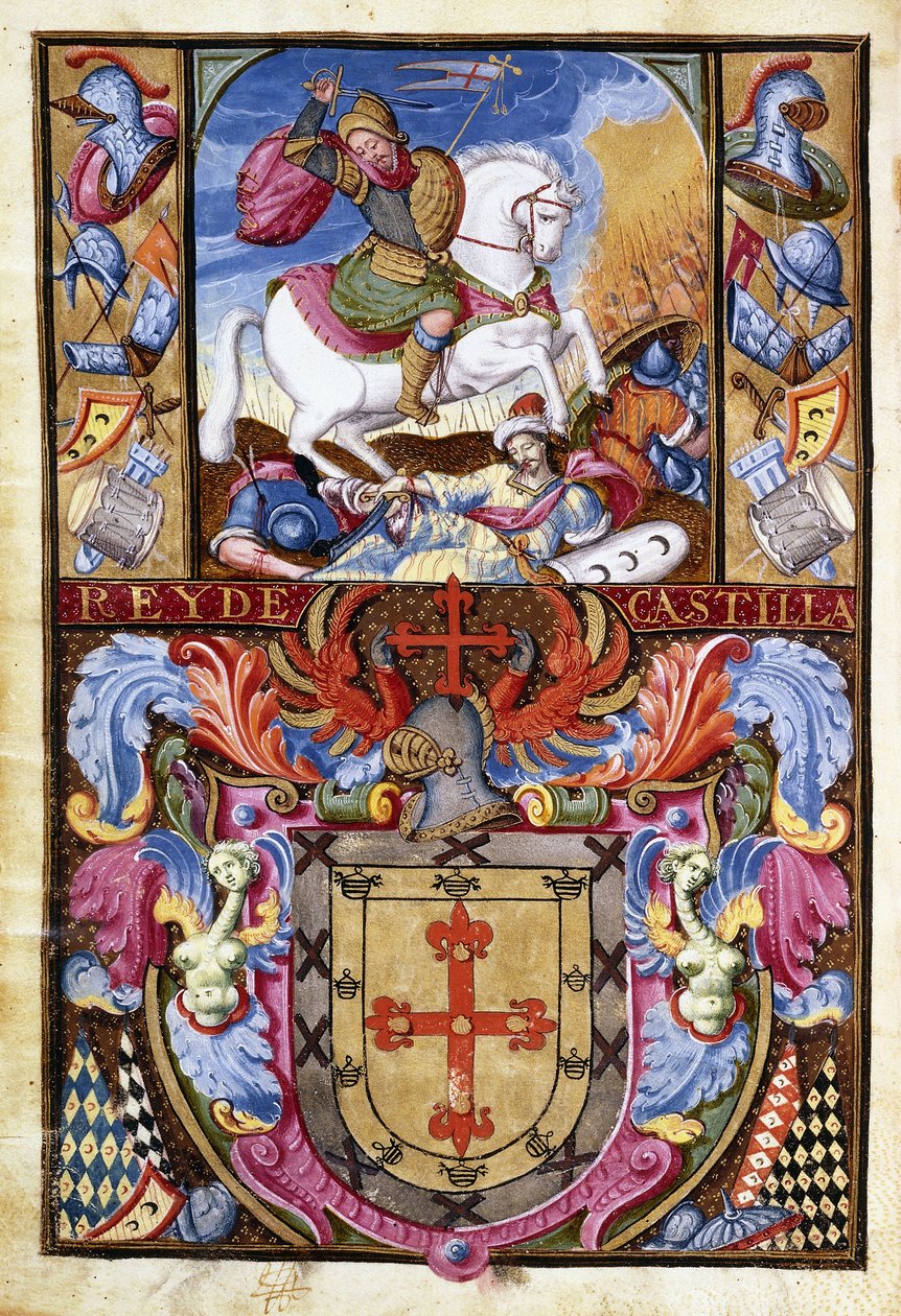 St.James, Faslıların Cesetleri Üzerinde Beyaz At Sürerken ve Gomez Ailesinin Arması, 1606 by Spanish School
