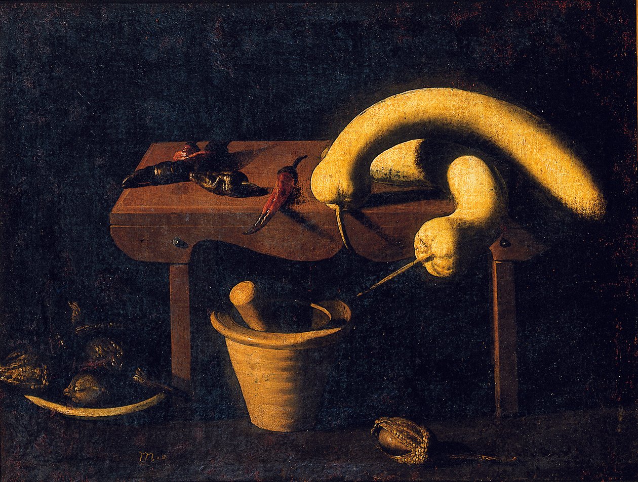 Havan ve havaneli ve ölü kuşlarla bir bankta biber ve balkabağı ile natürmort, c.1620 (tuval üzerine yağlı boya) by Spanish School
