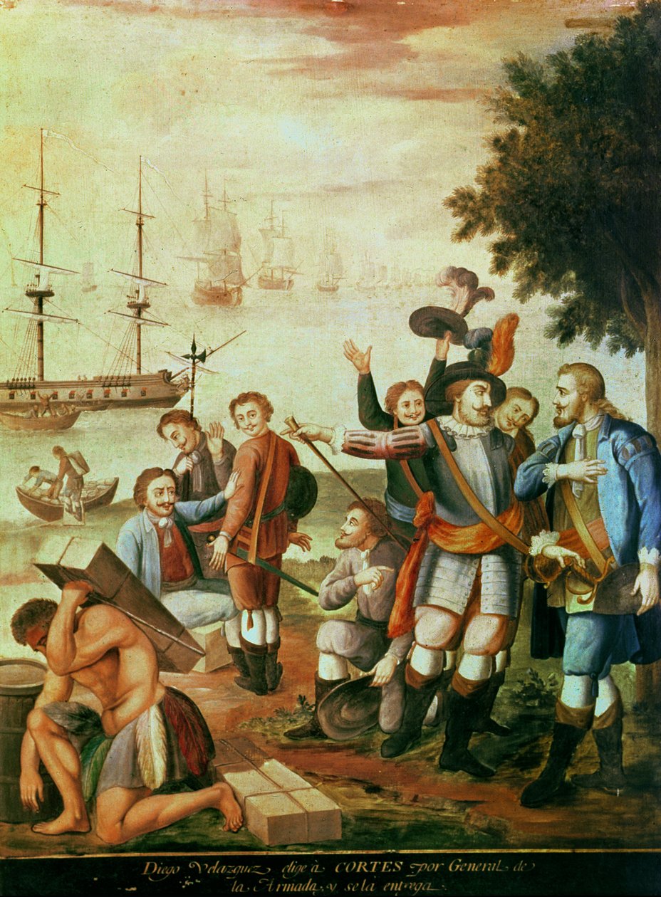 Meksika'nın Fethi: Diego Velasquez de Cuellar (1465-1524) Armada Generali olarak Hernando Cortes'i (1485-1547) Seçti ve Ona Komuta Verdi (tuval üzerine yağlı boya) by Spanish School