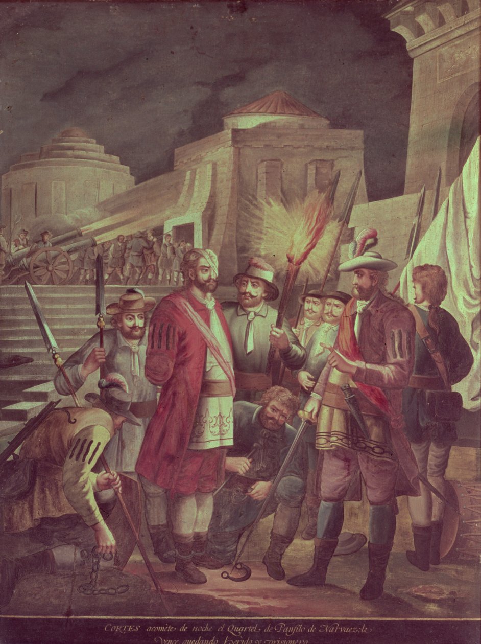 Meksika'nın Fethi: Hernando Cortes (1485-1547) Panfilo Narvaez Bölgesine Gece Saldırır (tuval üzerine yağlı boya) by Spanish School