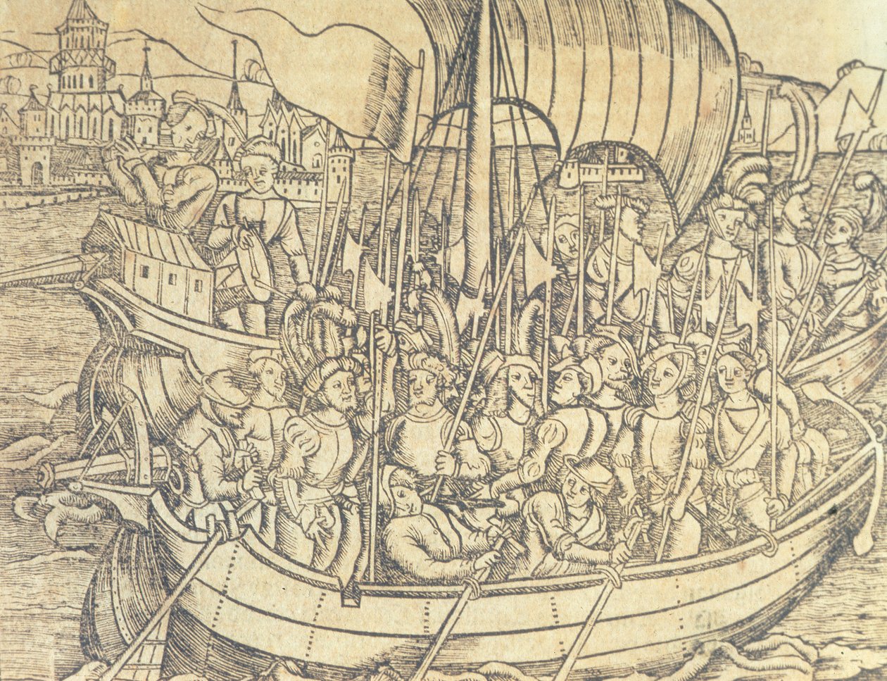Yeni Dünyanın Keşfi Chrisopher Columbus (1450-1596) tarafından Francisco Lopez de Gomara (d.1510) 1554 (gravür) tarafından 'Hint Adaları ve Yeni Dünya'nın Genel Tarihi'nden çizim by Spanish School