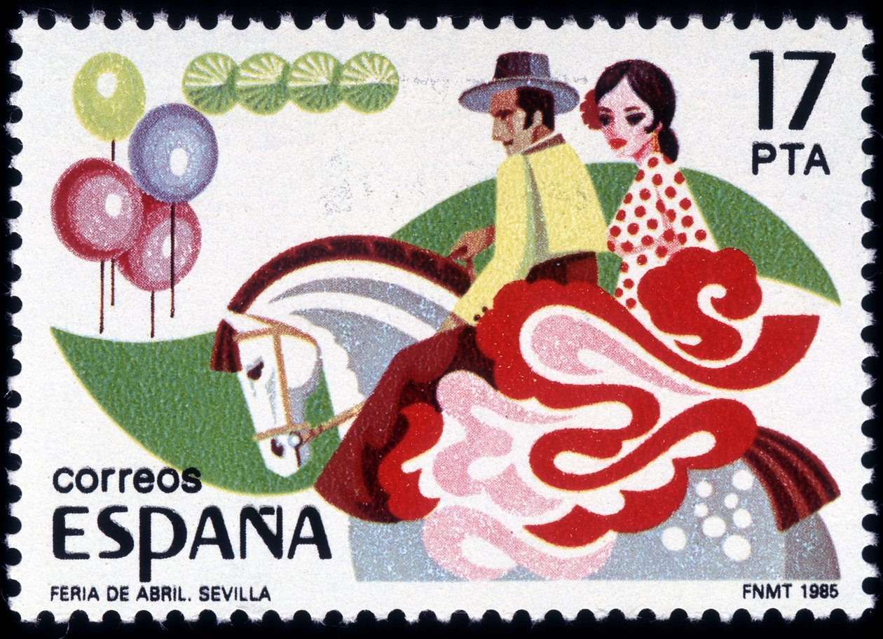 Sevilla Feria: at sırtında halk kostümlü çift - İspanyol damgası by Spanish School