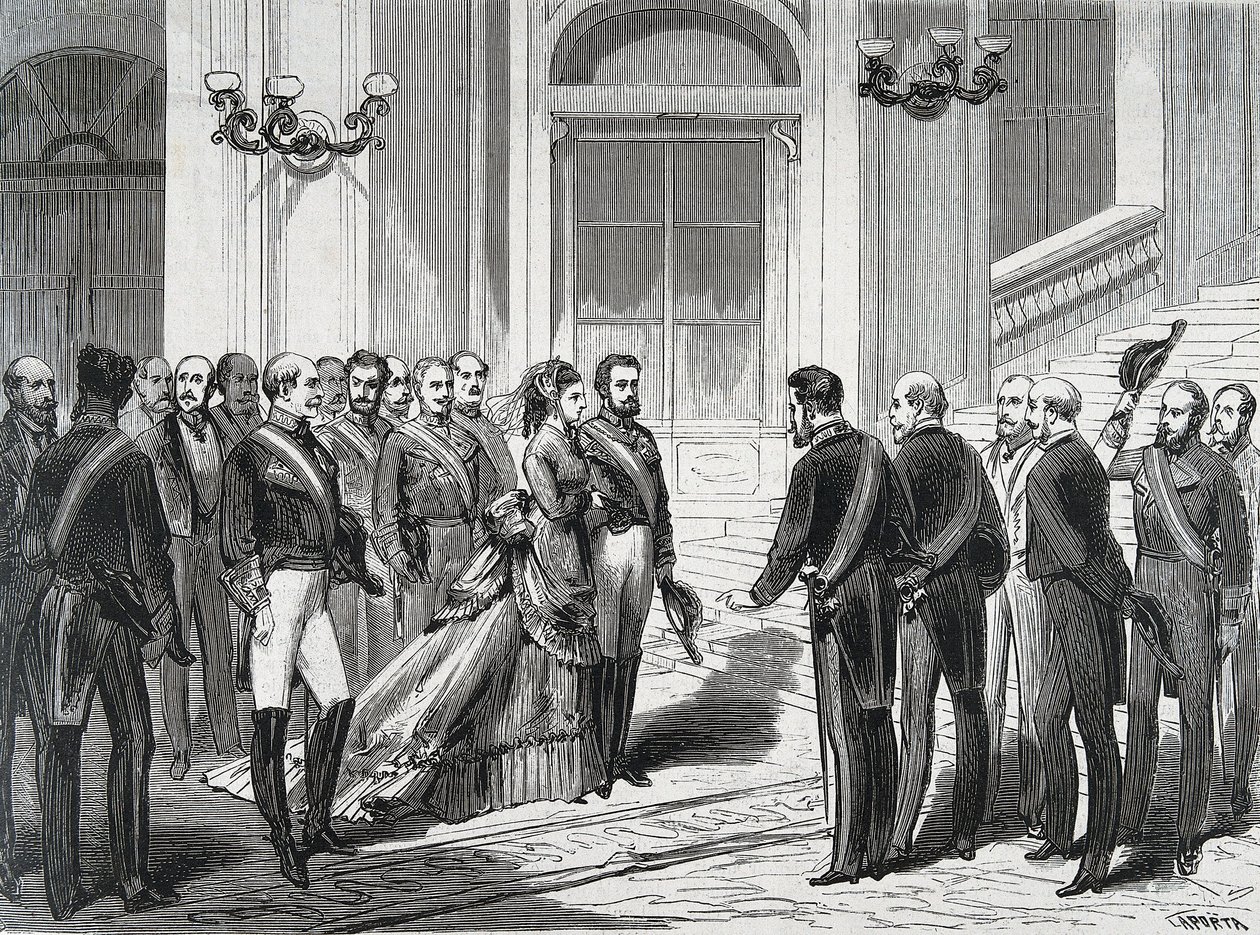 İspanya Kralı I. Amedee (Amedeo Ferdinando Maria di Savoia) (1845-1890) ve eşi Queen Mary Victory dal Pozzo della Cisterna (1847-1876), 19/03/1871 tarihinde Madrid'deki Kraliyet Sarayı'na vardıklarında. ""La Ilustracion Espanola y America by Spanish School