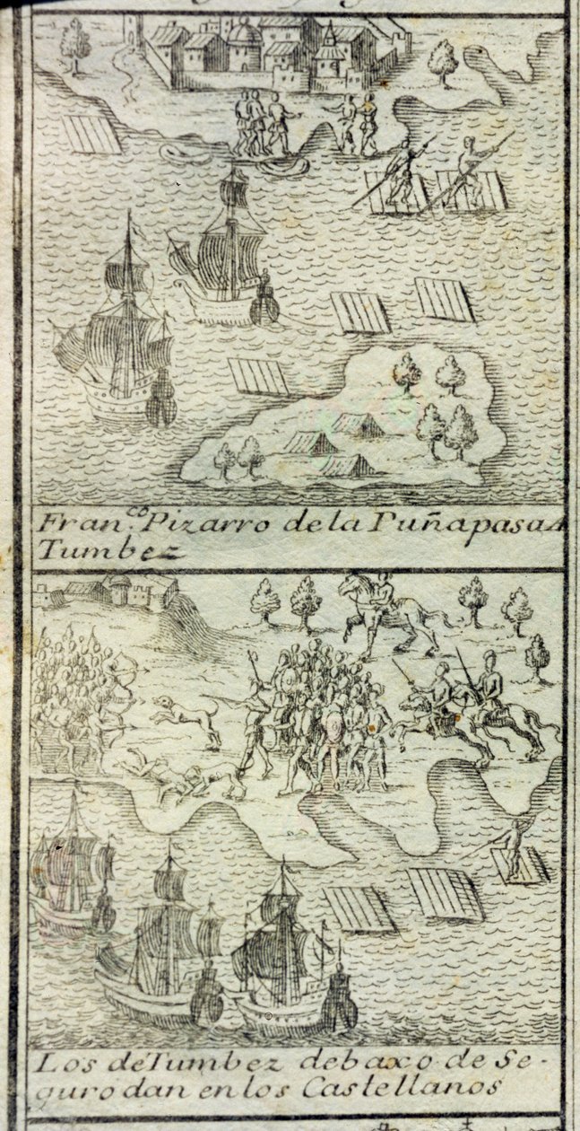 Francisco Pizarro'nun 180 adam ve üç gemiyle Tumbes'e gelişi by Spanish School