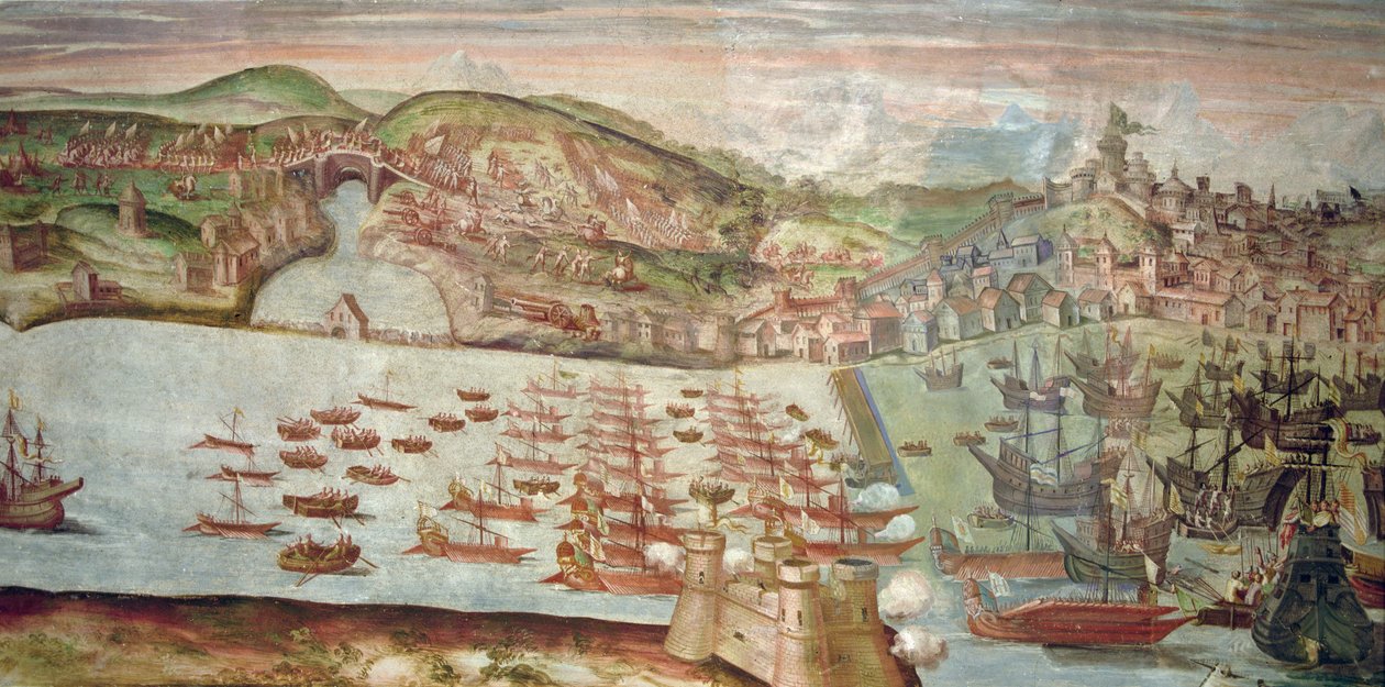 Filonun Lizbon'a girişi, İspanya Kralı II. Philip'in saltanatı sırasında Alvaro de Bazan tarafından Portekiz'e karşı yürütülen deniz seferinden bir sahne (fresk) by Spanish School
