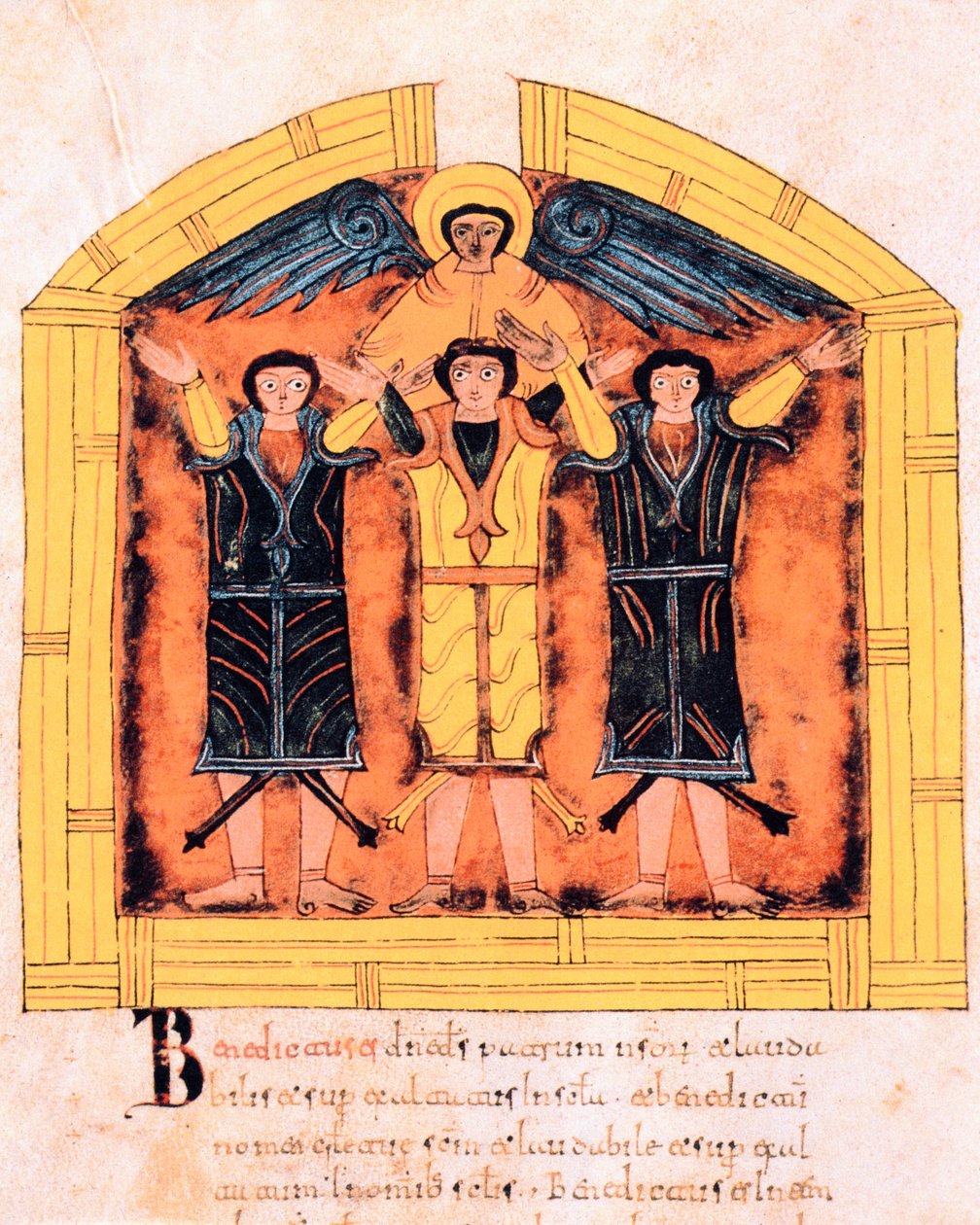 Üç İbrani, Shadrach, Meshach ve Abed-nego, Nebuchadnezzar tarafından fırına atıldı, fol.318v, St. Isidore's'un Vizigot-Mozarabic İncil'inden, MS 960 (tempera on parşömen) by Spanish School