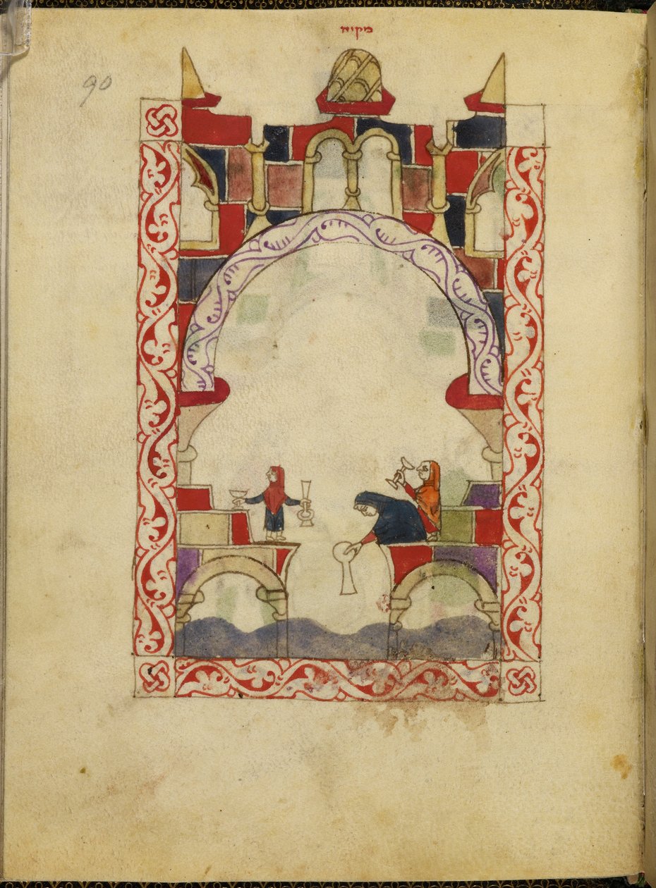 Gemileri bir havuza daldıran üç kadın. Hispano-Moresque Haggadah'ın ışıklı el yazması, c.1300, İspanya, Or. 2737, fol. 90 (parşömen) by Spanish School