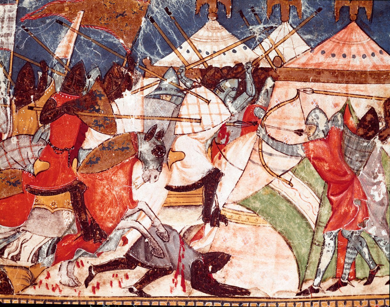 Truva Savaşı: Truva atları, Yunan savaşçıların askeri kampını işgal eder. İspanyol el yazması “Codex Benito de Santa Mora”dan bir minyatürden detay by Spanish School