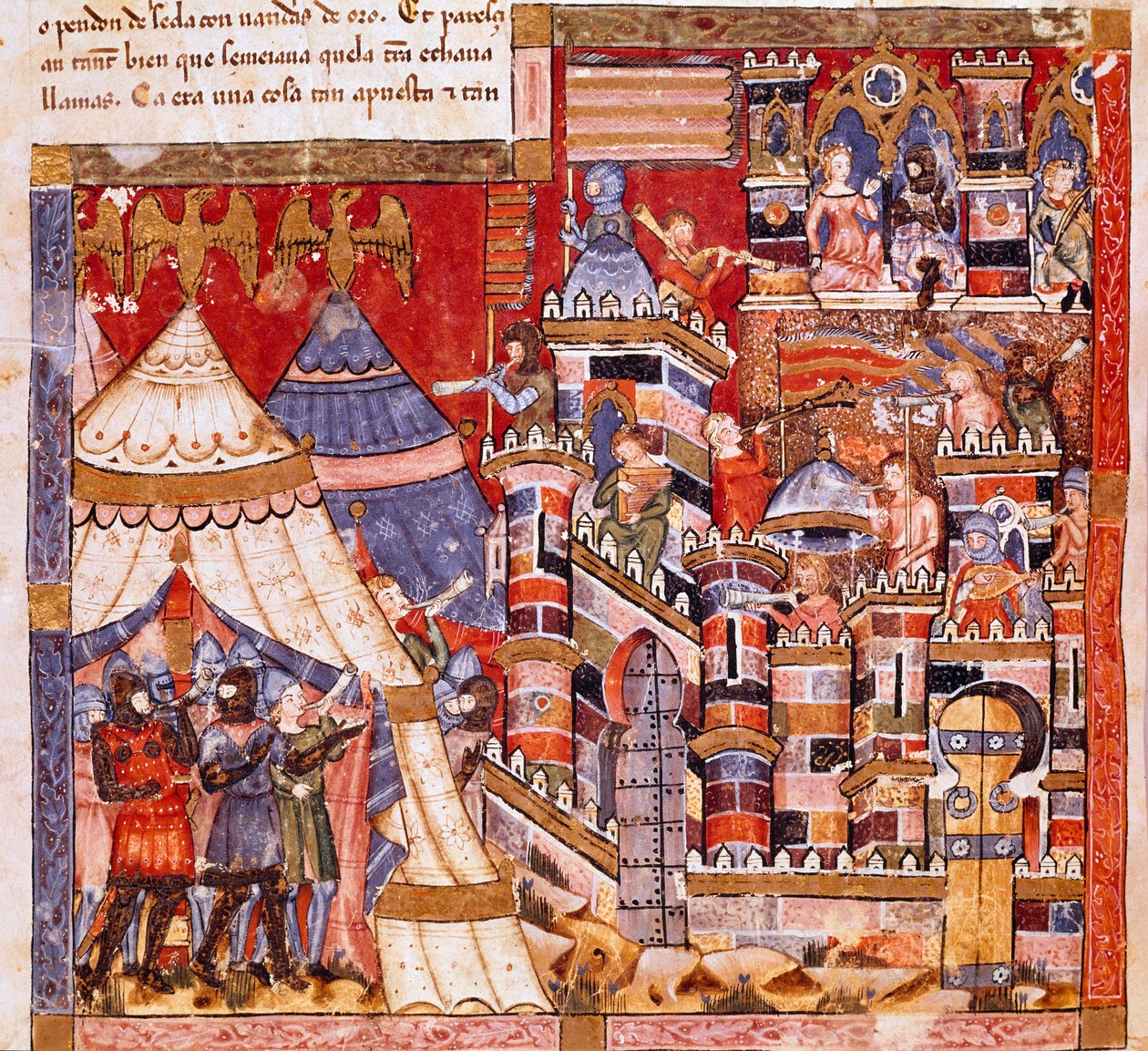 Truva Savaşı: Truva şehri ve Yunan kampı. İspanyol el yazması “Codex Benito de Santa Mora”dan bir minyatürden detay by Spanish School