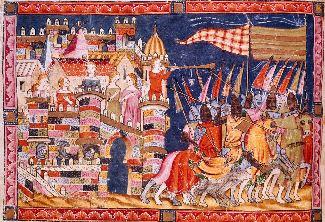 Truva Savaşı: Truva şehri ve Truva ordusu savaş için ayrılıyor. İspanyol el yazması “Codex Benito de Santa Mora”dan bir minyatürden detay by Spanish School