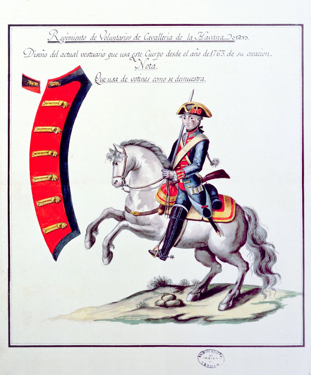 Havana Süvari Alayı Gönüllülerinin Üniforması, 1763 (baskı) by Spanish School
