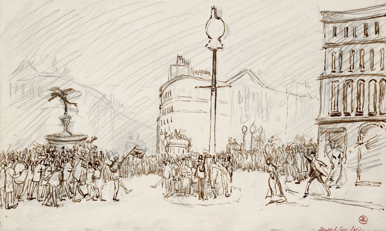 Sokak Sahnesi - Piccadilly Circus (kalem ve kahverengi mürekkep ve grafit) by Spencer Frederick Gore