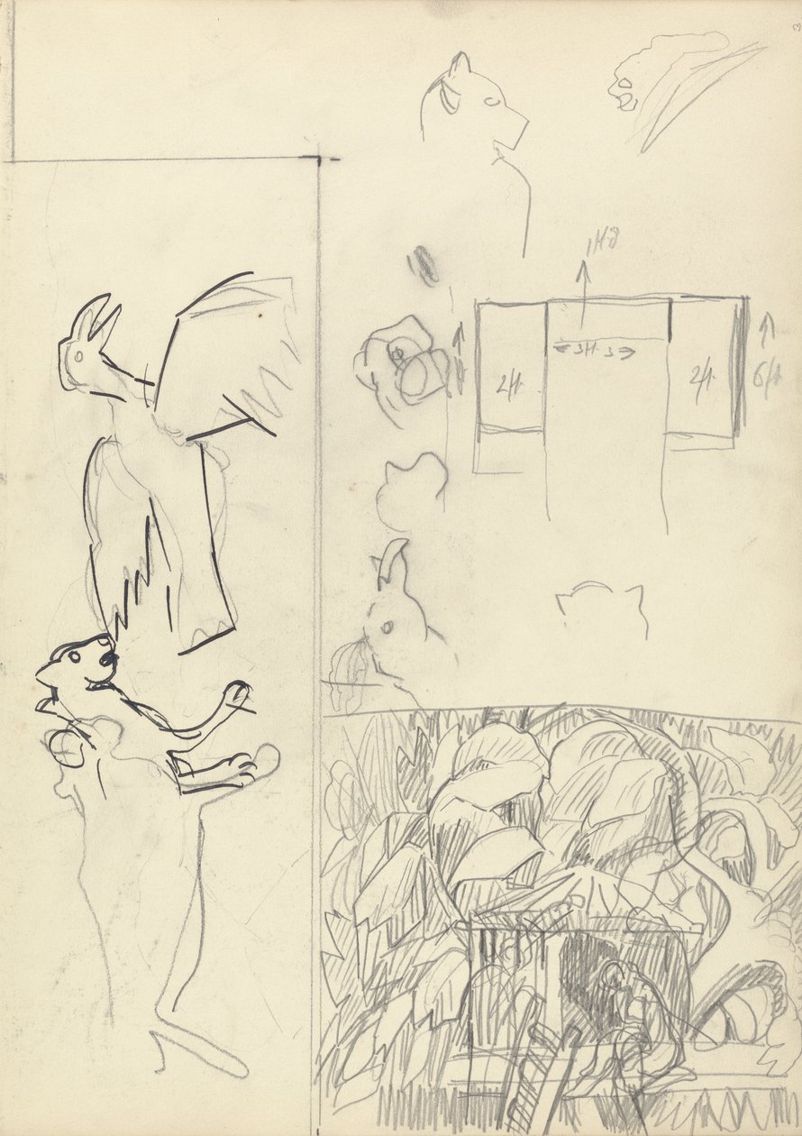 Altın Buzağı Mağarası için Ağaç Evler, Hayvanlar ve Kat Planı Çalışmaları (grafit ve siyah mürekkep) (ayrıntılı bilgi için bkz. 265066) by Spencer Frederick Gore