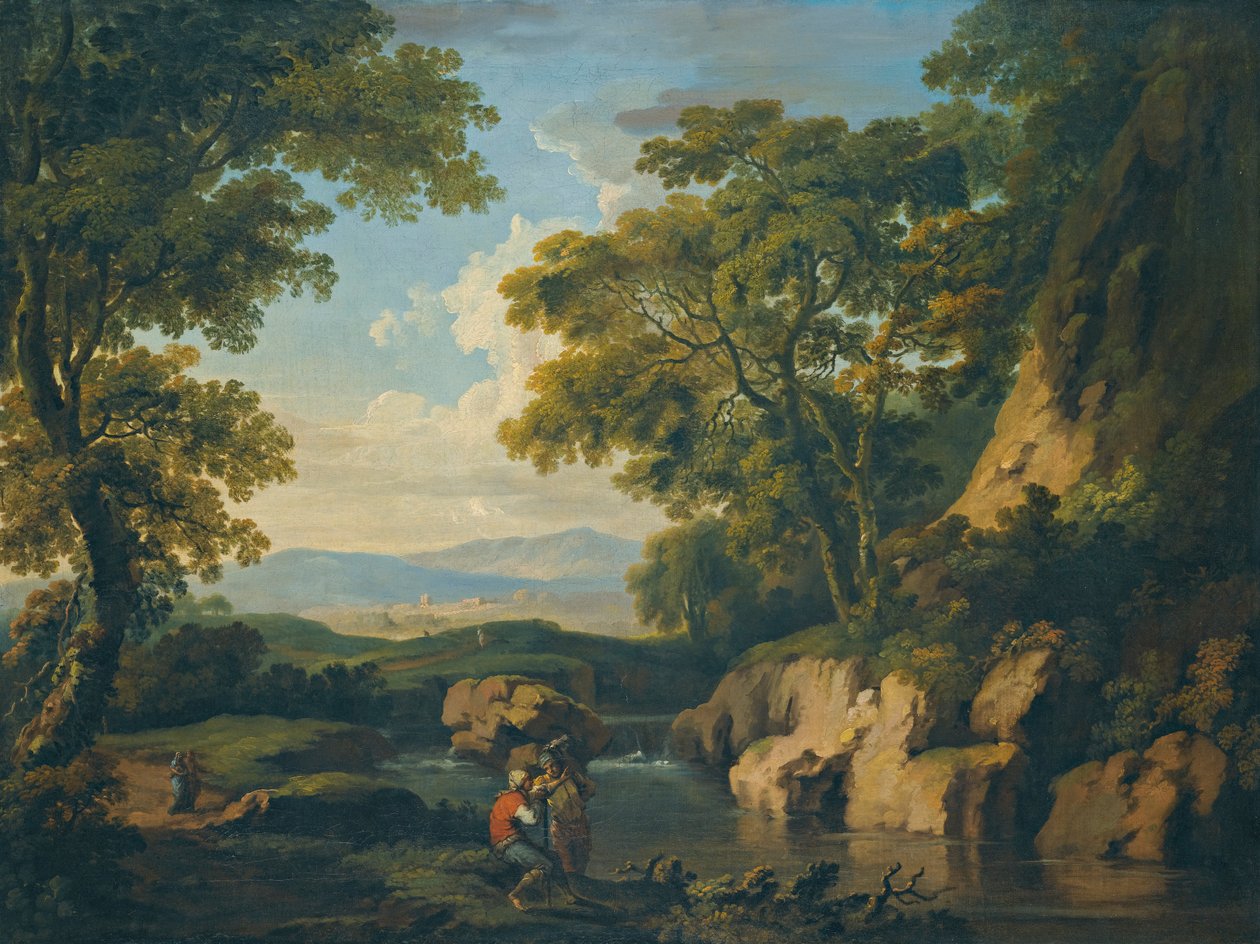 Ön planda bir nehir tarafından rakamlarla dağlık bir ormanlık manzara by George the Elder Barret
