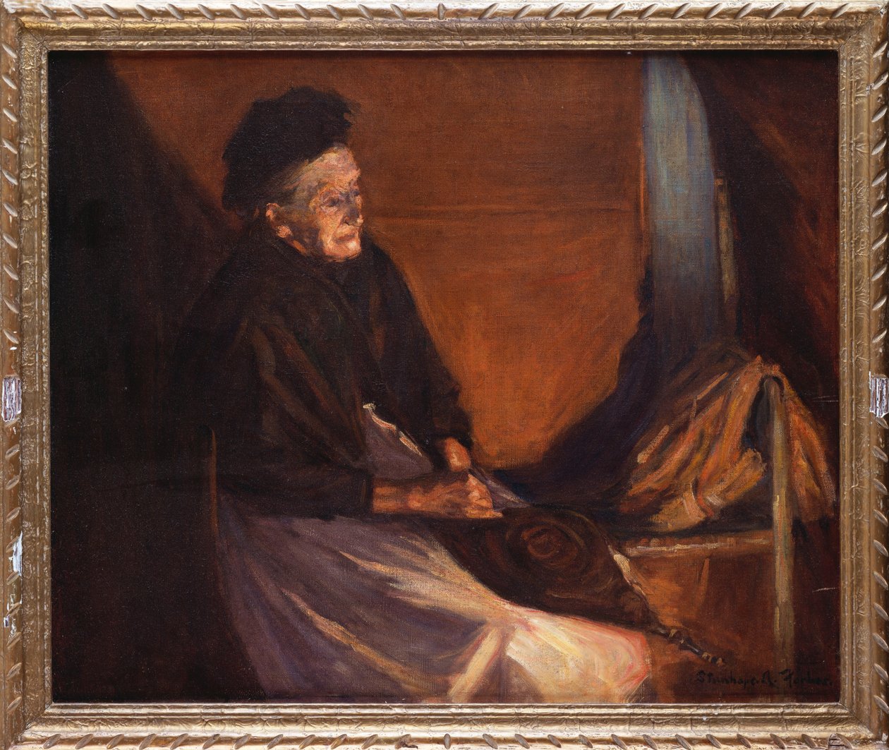 Ateşin Yanında Körüklü Yaşlı Kadın (tuval üzerine yağlı boya) by Stanhope Alexander Forbes