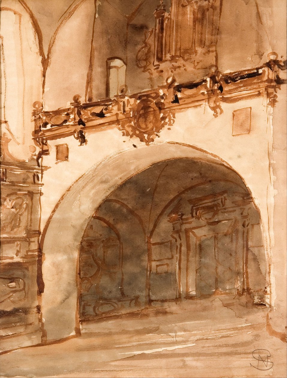 Kilisenin içi. Sundurma ve müzik korosunun görünümü by Stanisław Noakowski