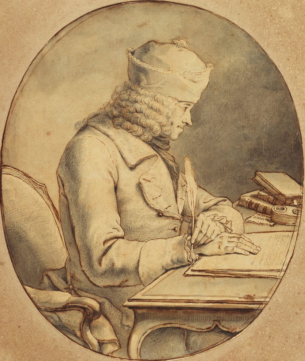 Voltaire bir Masada oturmuş şapka takıyor, profilde solda, c.1765 by Stanislas Jean