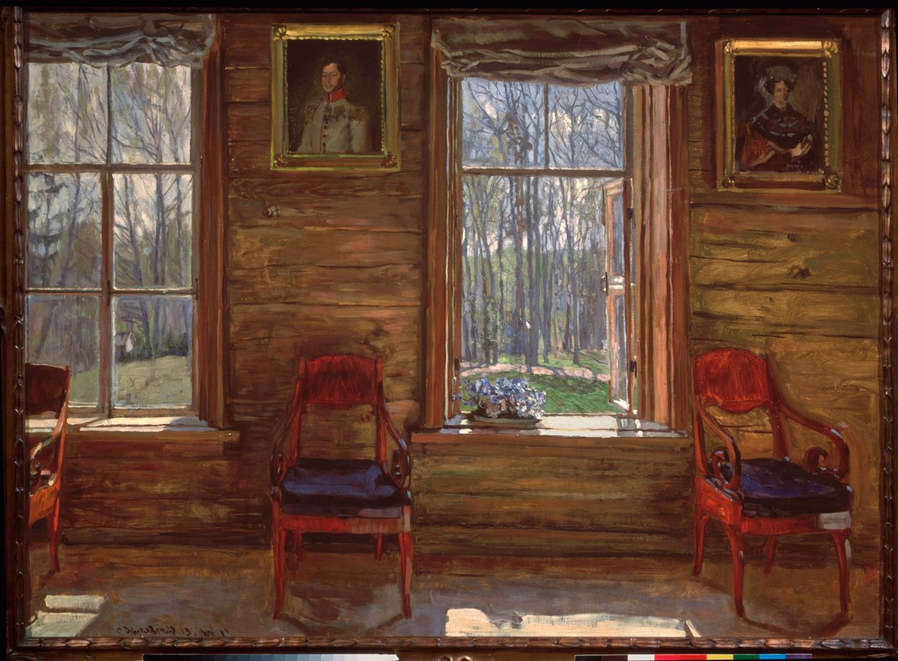Mutlu Mayıs. (Boyalı portreler ve perdelerle süslenmiş bir kır evinin pencerelerinden güneşli bir ormanın görünümü). Stanislav Yulianovich Zhukovsky (Zhukovsky) (1873-1944) tarafından tablo, tuval üzerine yağlı boya by Stanislav Joulianovitch Joukovski