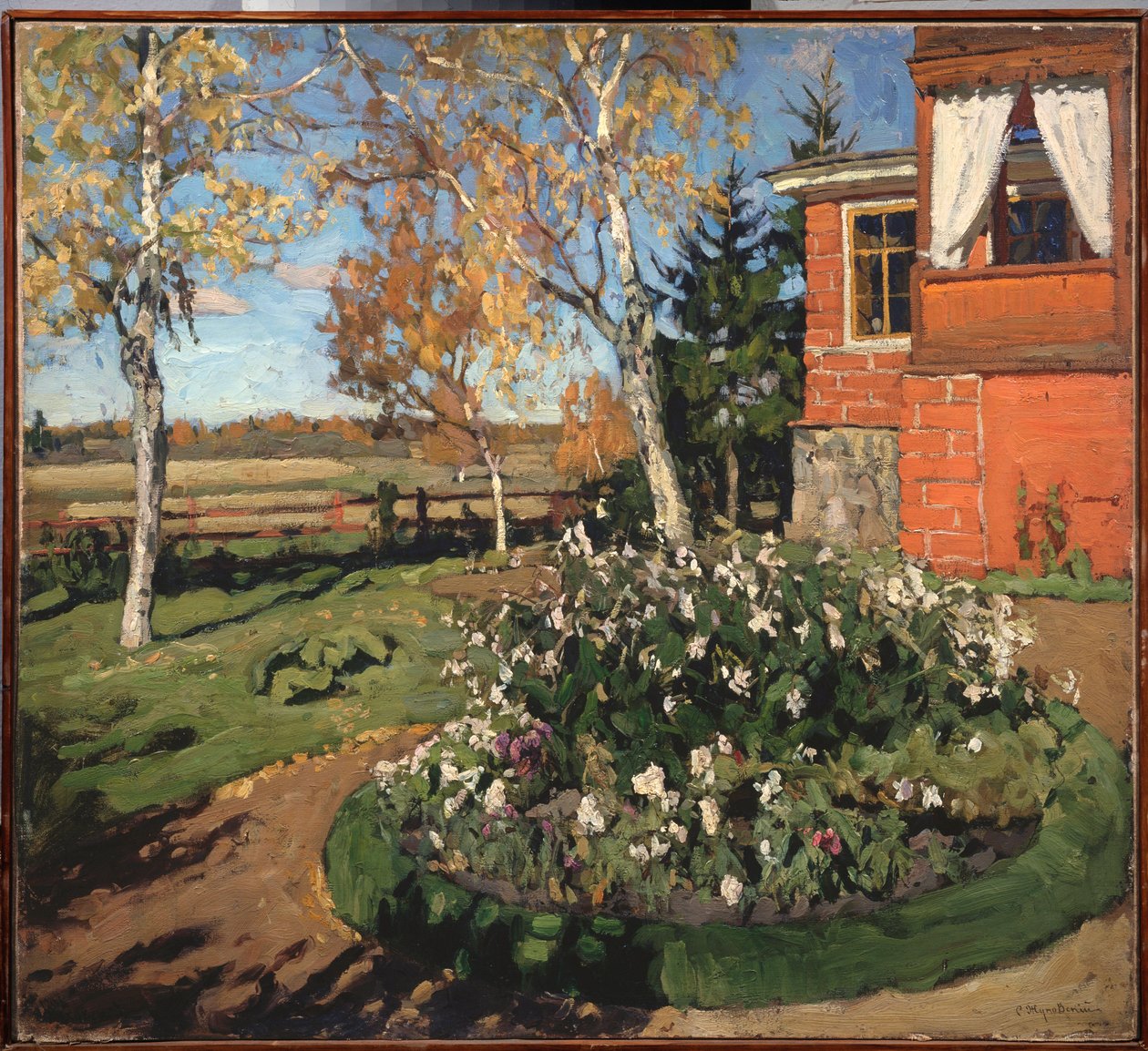Bir çiçek yatağı. (Bir evin ve bir kır manzarasının önünde). Stanislav Yulianovich Zhukovsky (Zhukovsky) (1873-1944) tarafından tablo, tuval üzerine yağlı boya by Stanislav Joulianovitch Joukovski