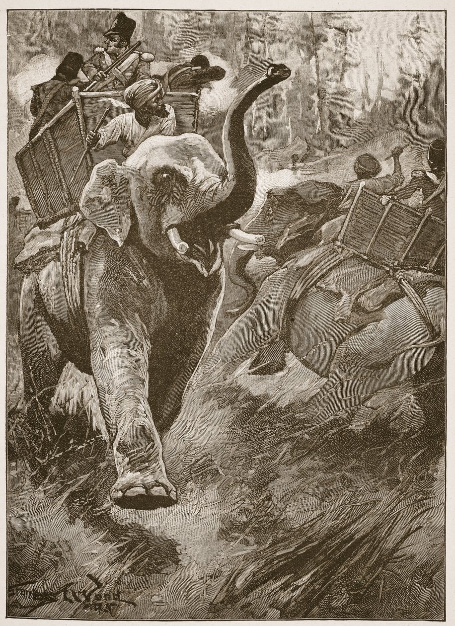 Korkmuş filler ormana çarparak geri döndüler, Archibald Forbes, G.A. Henry ve Binbaşı Arthur Griffiths by Stanley L. Wood