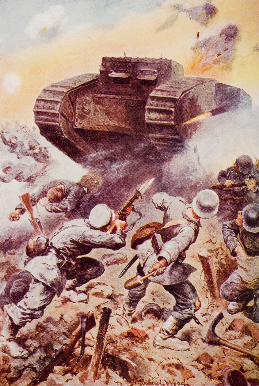 Tanklar Eylemde, HG Wells'in 'Tarihin Ana Hatları'ndan bir çizim, Cilt II, 1920'de yayınlandı (renkli taş) by Stanley L. (after) Wood