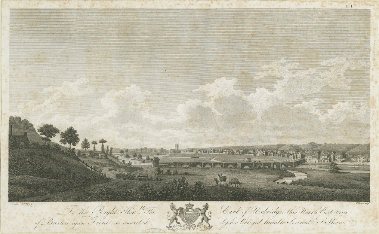 Burton-upon-Trent Köprüsü ve Kasabası: gravür, 1779 by Stebbing Shaw