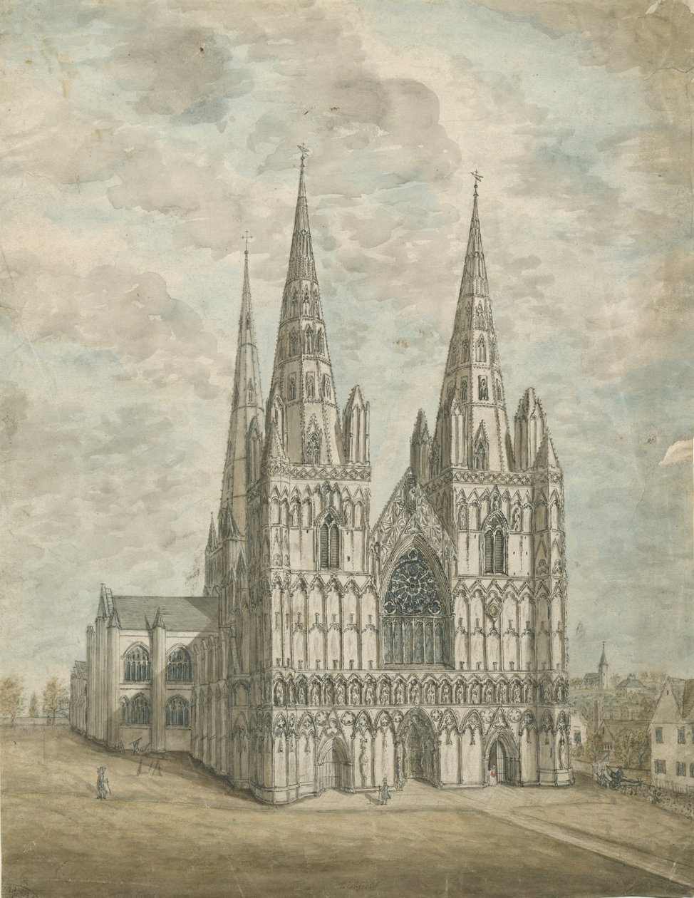 Lichfield Katedrali - Batı Cephesi: suluboya resim, nd [1762-1802] by Stebbing Shaw