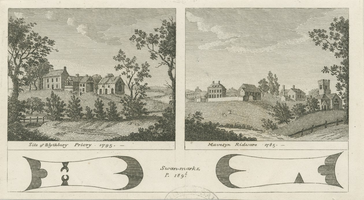 Mavesyn Ridware Hall - Gatehouse: gravür, 1785 by Stebbing Shaw
