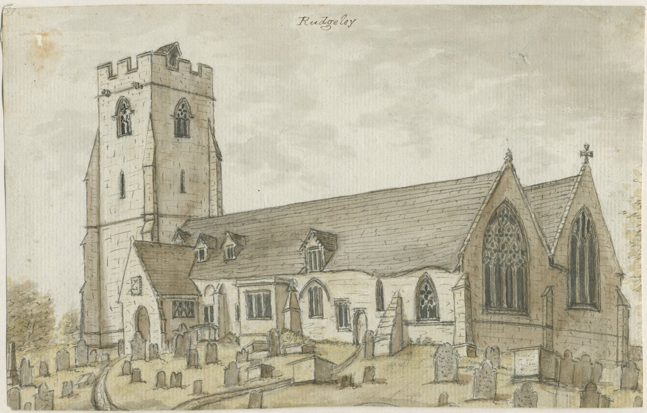 Rugeley Kilisesi (Eski): sulu boya, nd [1762-1802] (resim) by Stebbing Shaw