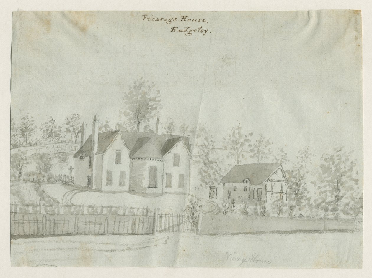Rugeley Town - Vicarage: sepya yıkama çizimi, nd [1762-1802] (çizim) by Stebbing Shaw