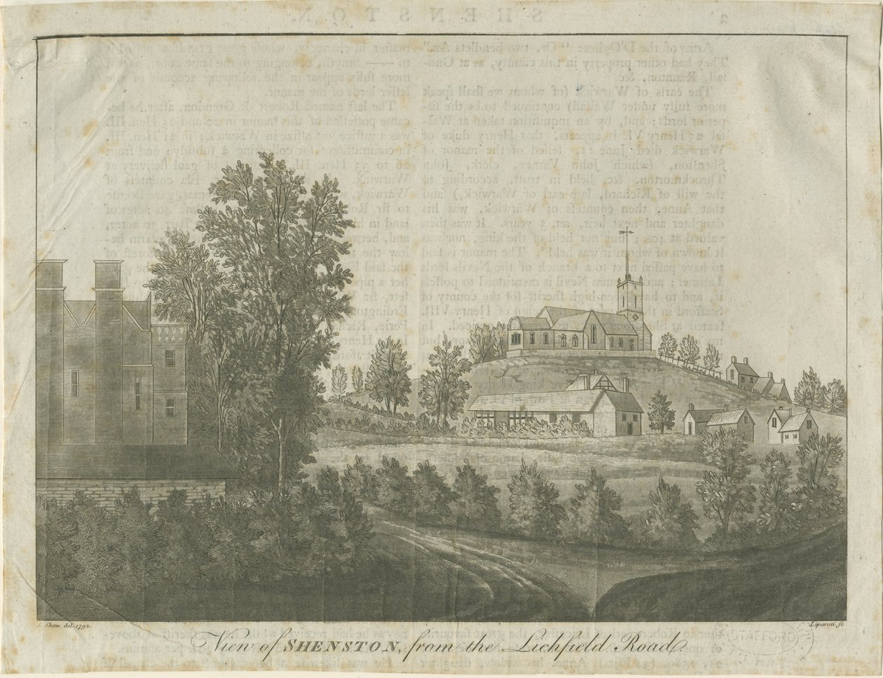 Shenstone Kilisesi ve Köyü: aquatint gravürü, 1792 by Stebbing Shaw