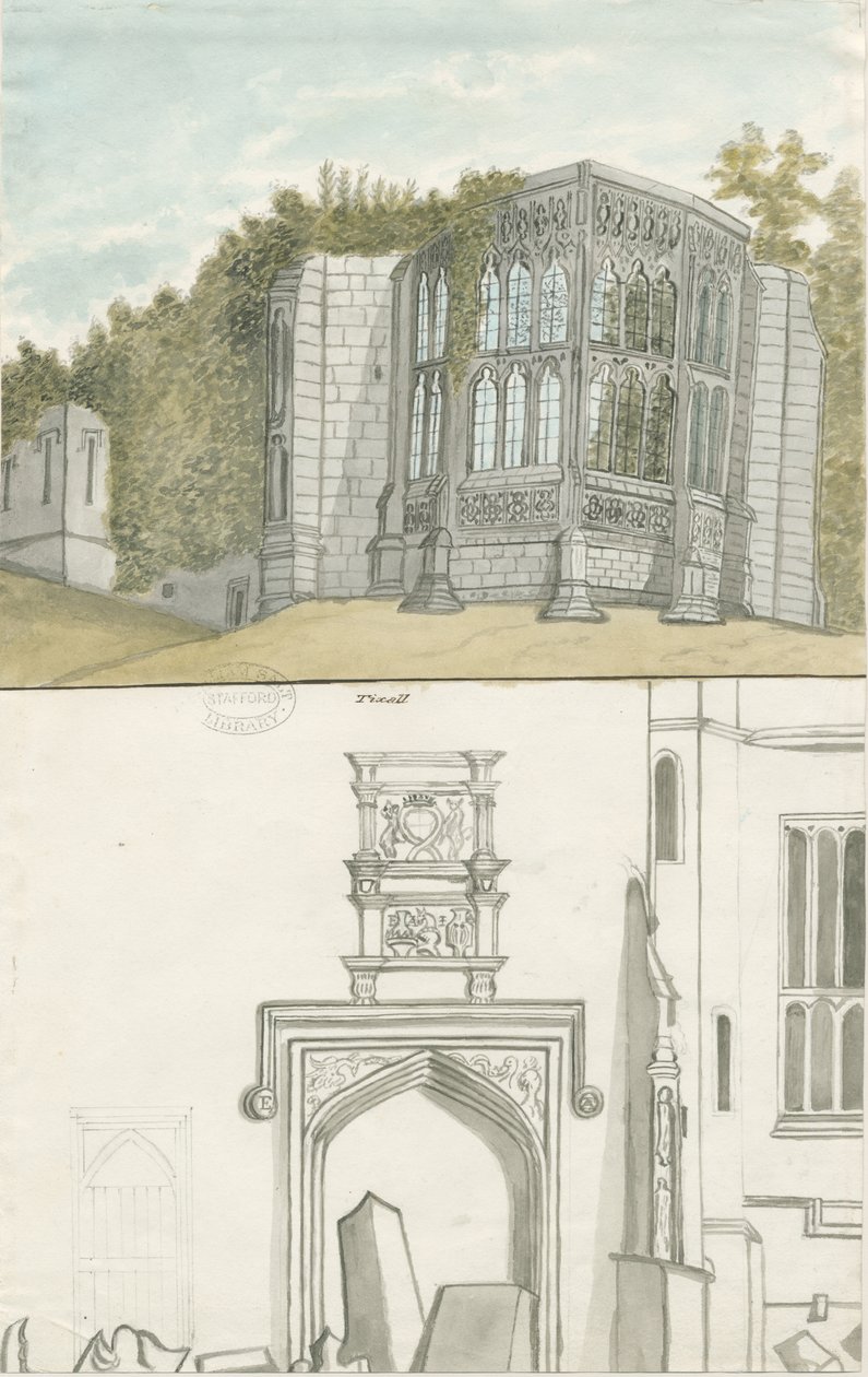 Tixall - Gotik Pencere ve Hanedan Eski Eserler: sulu boya boyama, nd [1762-1802] (resim) by Stebbing Shaw