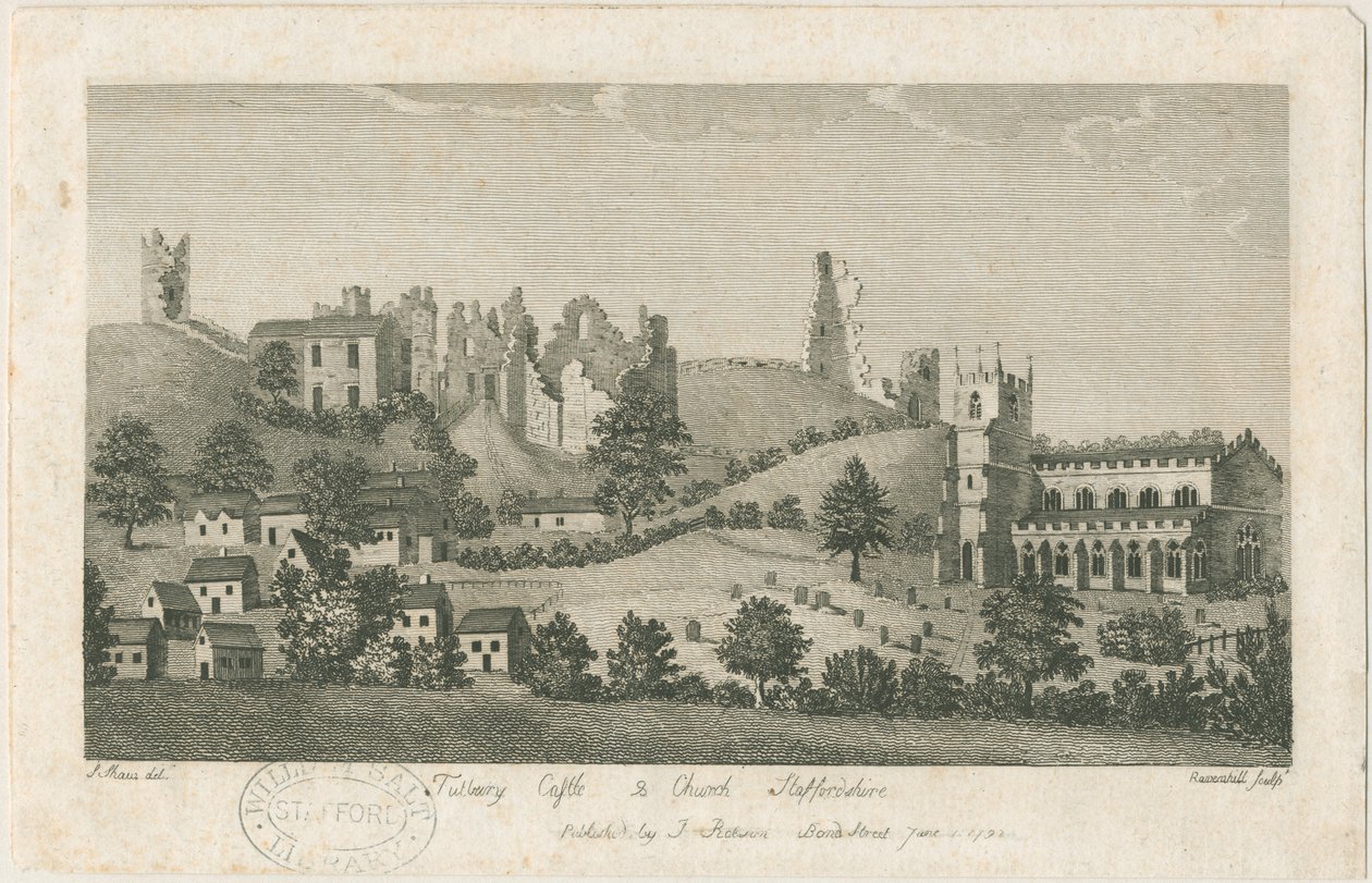 Tutbury Kalesi ve Kilisesi - Güney Doğu Görünümü: gravür, nd [1762-1792] (baskı) by Stebbing Shaw