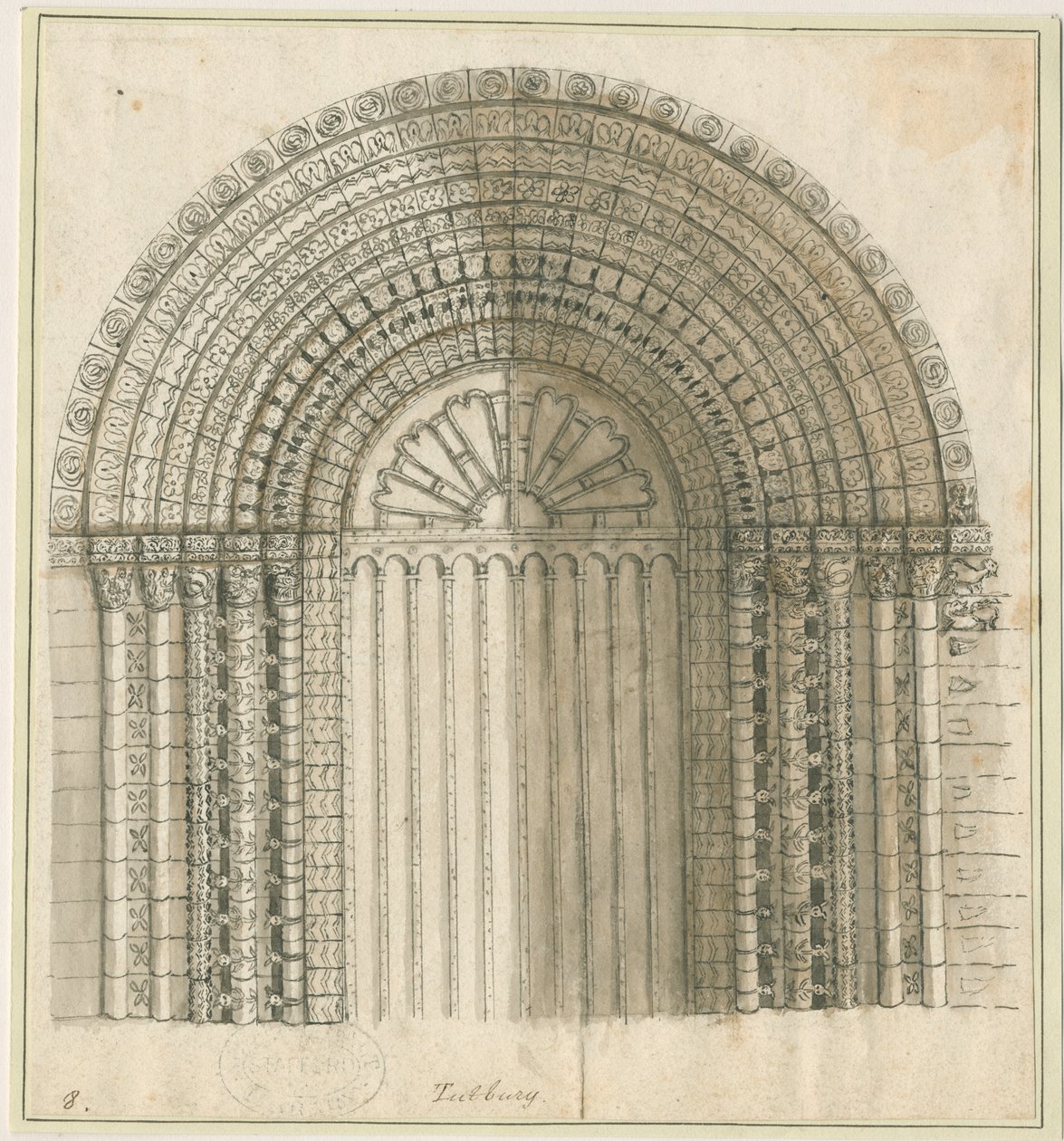 Tutbury Manastırı Kilisesi - Batı Kapısındaki Kemer: kalem ve sepya çizimi, nd [1762-1802] (baskı) by Stebbing Shaw