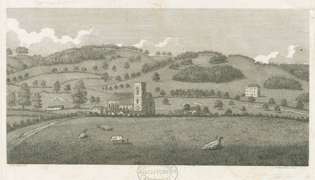 Wolseley - Colwich Kilisesi ve Oakedge Evi: gravür by Stebbing Shaw