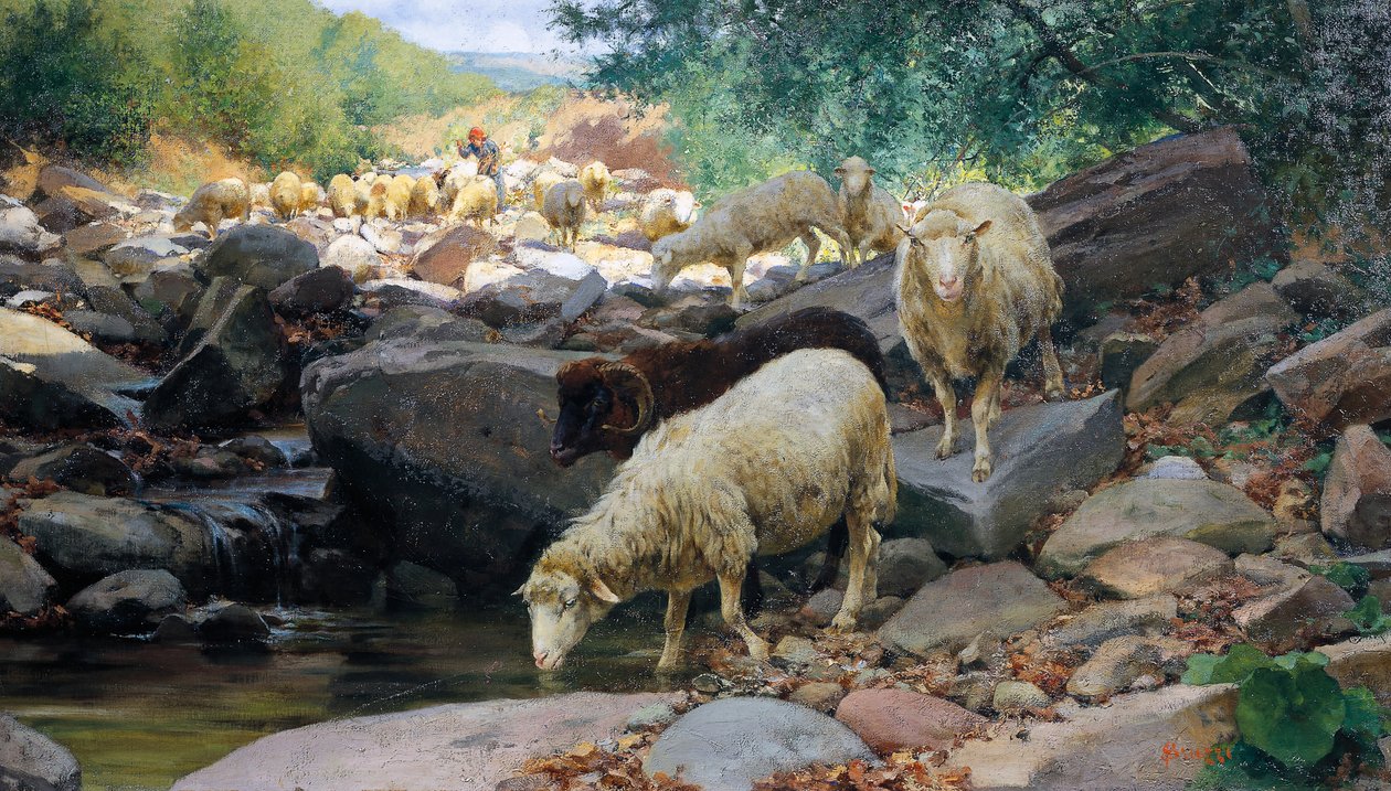 Restano deresinde sürü sulama), tablo Stefano Bruzzi (1835-1911), İtalya by Stefano Bruzzi