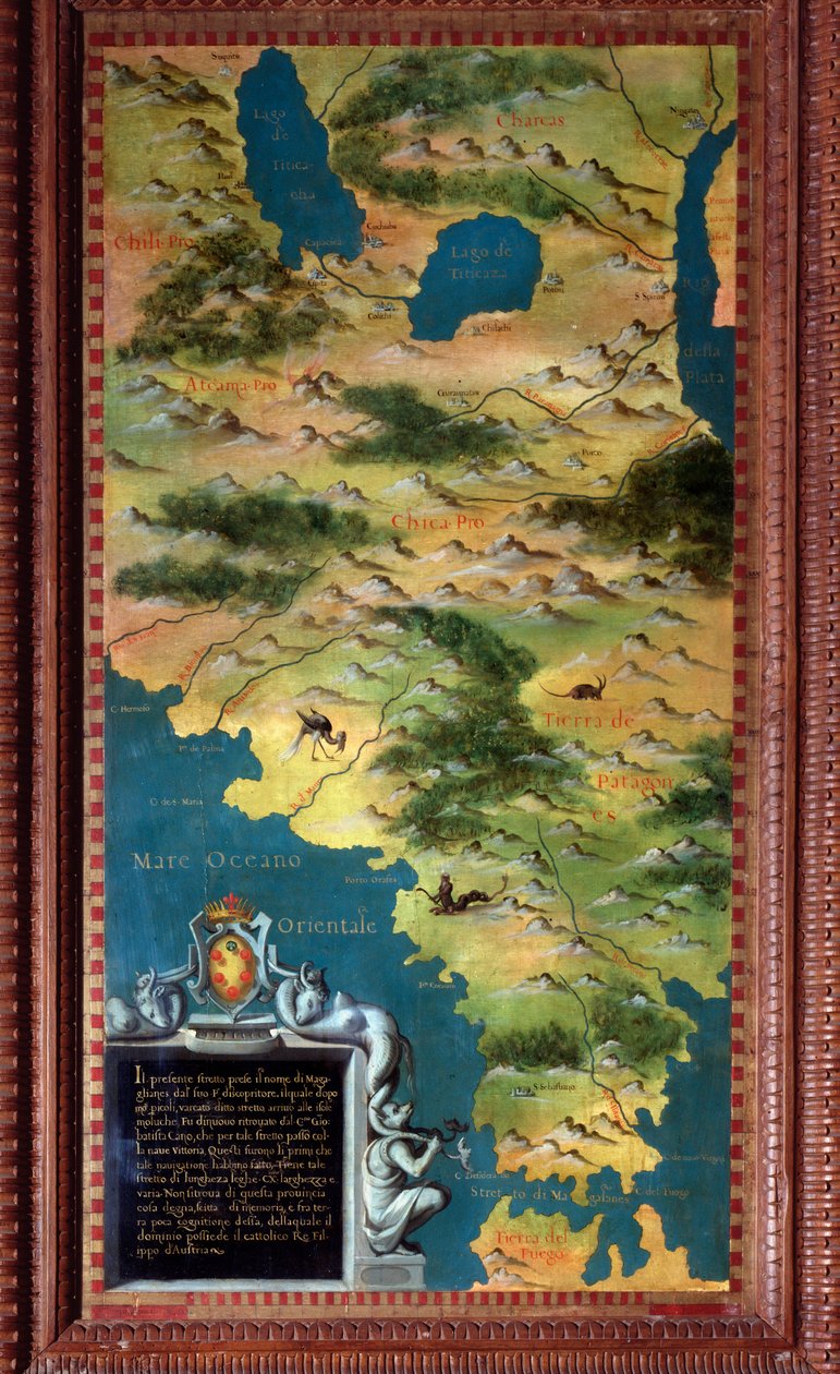 Stefano Bonsignori (? -1589) İtalyan kozmograf ve ressam tarafından yapılan Şili ve Magellan Detroit Kartı. 1581 civarında. Floransa, Palazzo Vecchio, Sala del Mappamondo by Stefano Buonsignori